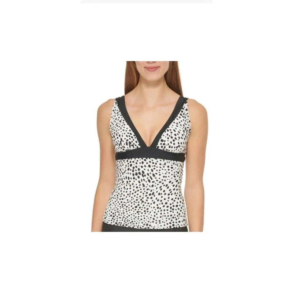 DKNY Tankini Top Womens Spotted Print V-neck Swim Top White Black‎ Large NWT - Picture 2 of 8
